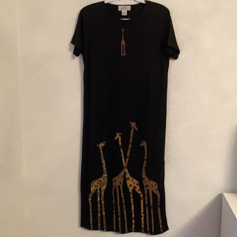 VTG Lisa International Black Maxi Dress with Giraffe Print Size M